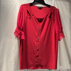 Atelier 29 Woman XL Blouse Red Ruffle Pullover Sheer Short Sleeve Casual